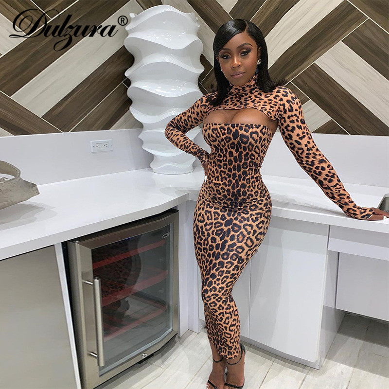 

leopard women long sleeve short shirt tube midi dress bodycon streetwear 2021 autumn winter party clubhigh quality, Black;gray