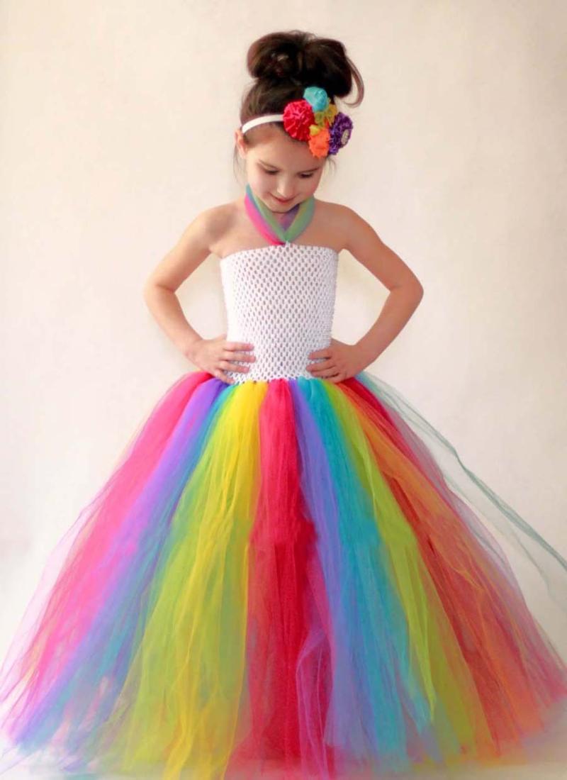 

Girl's Dresses Girls Rainbow Tutu Dress Kids Flowers Baby Crochet Corset Long Tulle Ball Gown Children Wedding Party