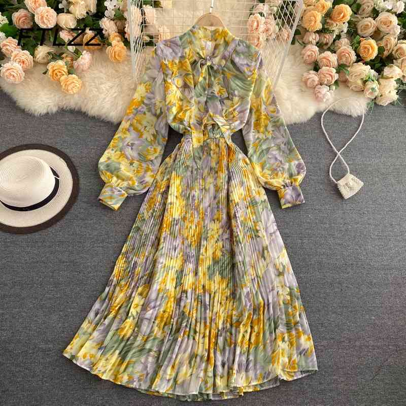 

Retro Women Boho Dress Spring Autumn Long Sleeved Bow Pleated Dresses Ladies Elegant Floral Printed Robe Vestidos 210602, Pink