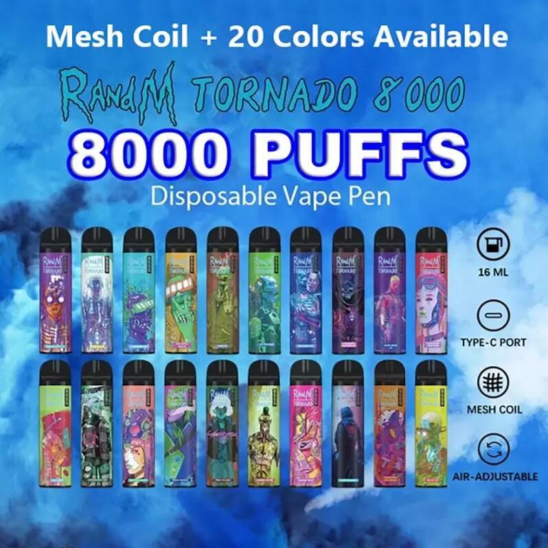 

Original RandM TORNADO 8000 Puff Disposable Vape Pen E Cigarette With Airflow Control Rechargeable 1000mAh Battery Mesh Coil 16ml Prefilled Pod Big Vapor Kit
