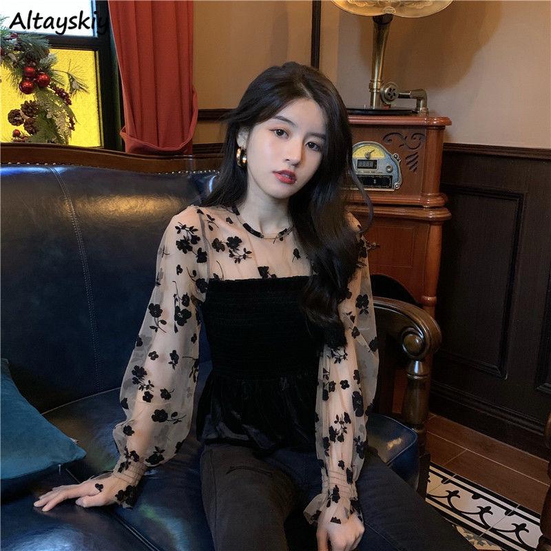 

Women's Blouses & Shirts Women Velour Patchwork Long Sleeve Floral Perspective Sexy High Street Slim Crop Tops Fashion Vintage Elegant Blusa, White