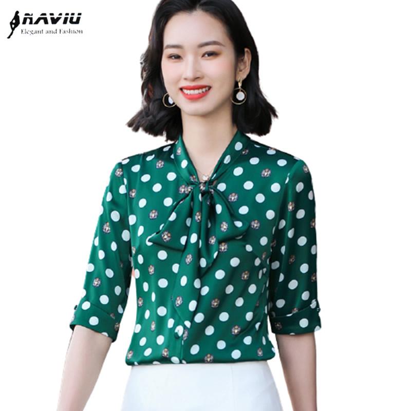 

Women's Blouses & Shirts Bow Polka Dot Shirt Women 2021 Summer Fashion High End Temperament Satin Chiffon Office Ladies Work Tops, White