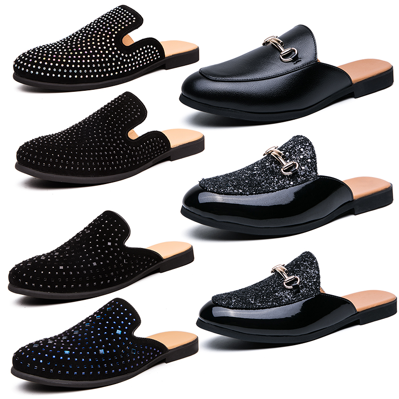 

Luxury Designer mens Slippers rhinestones Princetown Loafers Genuine leather Flats Mules Fashion Casual shoes Slipper black slip-on shoes Slides, 763 black