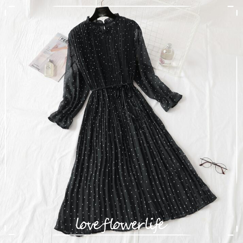 

Women Chiffon Dress Spring Summer Female Vintage Dot Print Elegant Pleated Dresses Flare Sleeve Loose Casual Long Dress 210521, Burgundy