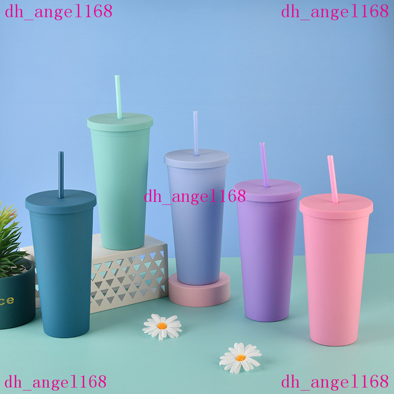 

Double plastic tumbler sippy cup with lid 22OZ straight custom printedfrosted water, White