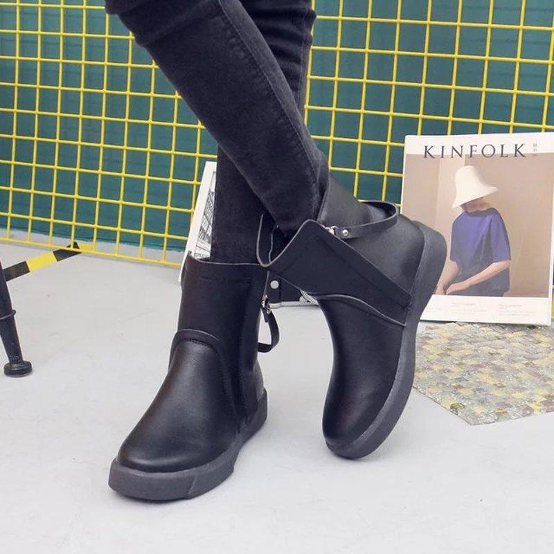 

Solid Brown Leather Platform Women Boots Female Mid Calf Shoes Woman Zipper Warm Fashion Retro Plus Size Winter, Black
