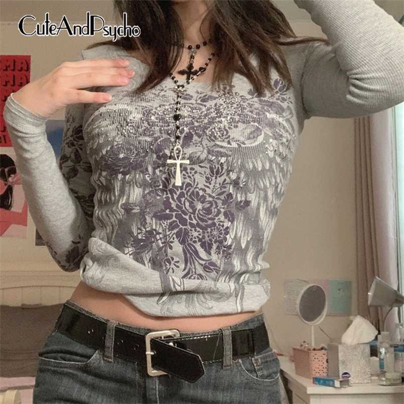 

Retro Grunge Tshirts Fairycore Harajuku Graphic Print Gray Cute Casual Tshirts Streetwear Dark Academia Tops Cuteandpsycho 211110, Dark grey