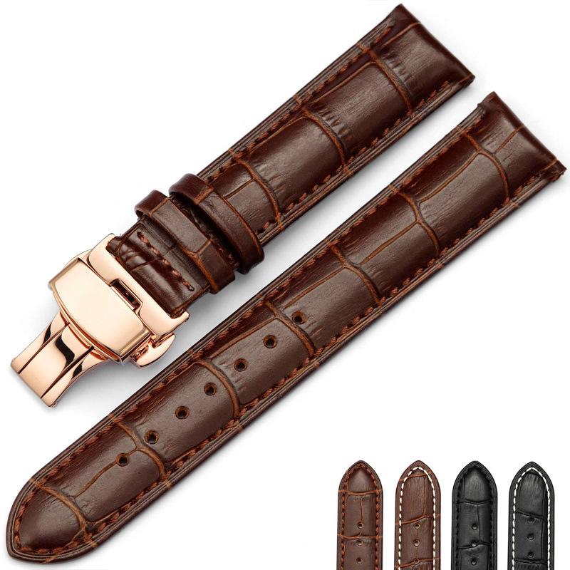 

Watch Bands High Quality Rose Gold Butterfly Buckle Black Brown Genuine Leather Strap For Brand Watches