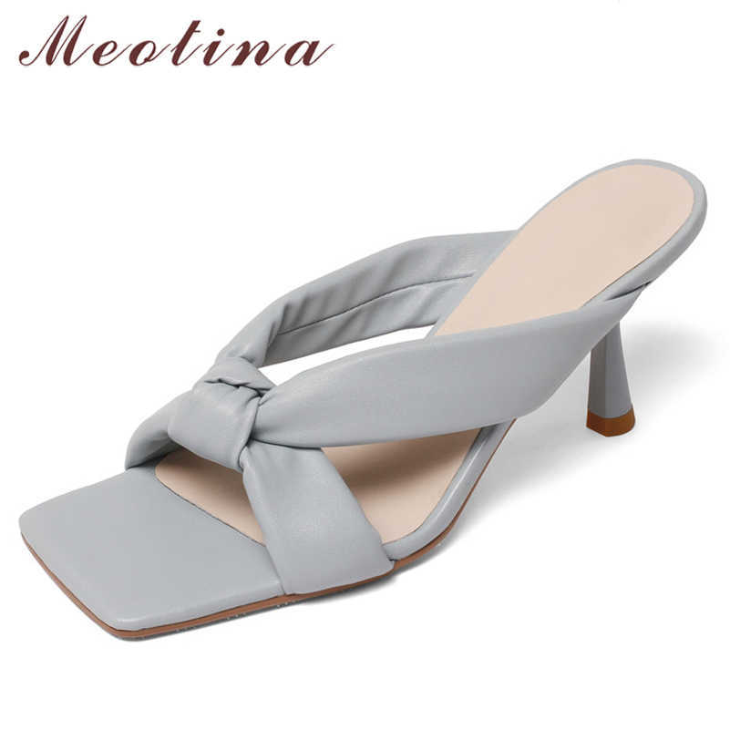 

Meotina Shoes Women Genuine Leather Sandals High Heel Slippers Thin Heel Slides Square Toe Sheep Skin Ladies Footwear Summer 210608, Apricot