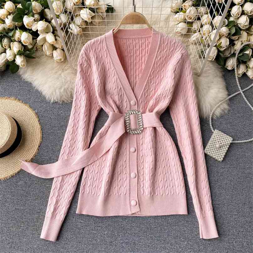 

Women's Sweater Cardigan Solid V-neck Long Sleeve Buttons up Knitted Jacket Casual Loose Coat with Belt 210603, White