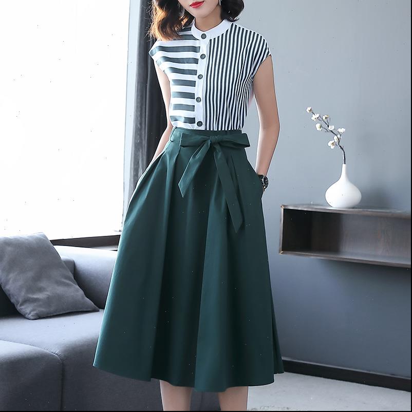 

summer office two piece women tracksuits set casual striped shirts blouses and bow midi skirt female business formal suit, Gray
