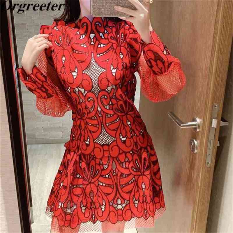 

Year Retro Totem Hollow Out Embroidery Mesh Patchwork Lace Dress Red/Beige Stand collar Lantern Sleeve Party Vestidos 210602