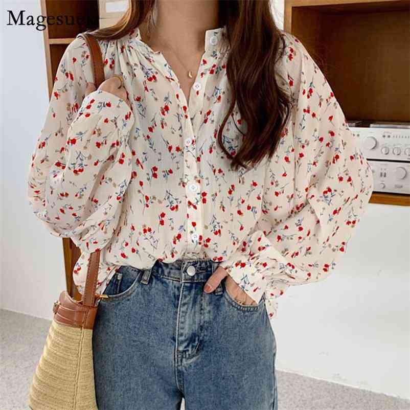 

Floral Print Chiffon Blouse Women Puff Sleeve Autumn Casual Loose Tops Cardigan Ladies Clothes Blusas 10316 210518, White