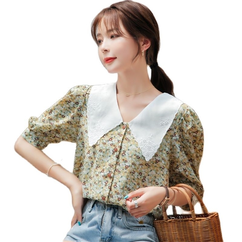 

Fashion women's shirt summer chiffon doll collar single-breasted bubble short-sleeved straight Ladies 210520, Yellow