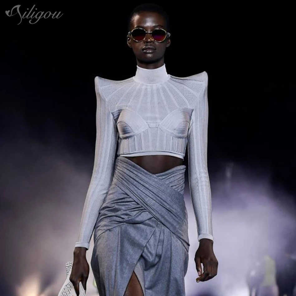 

T-shirt Chic Gorgeous Jacquard Stripe Stitching Design Long Sleeve High Neck Celebrity Party Club Bandage Crop Top 210527, Gray