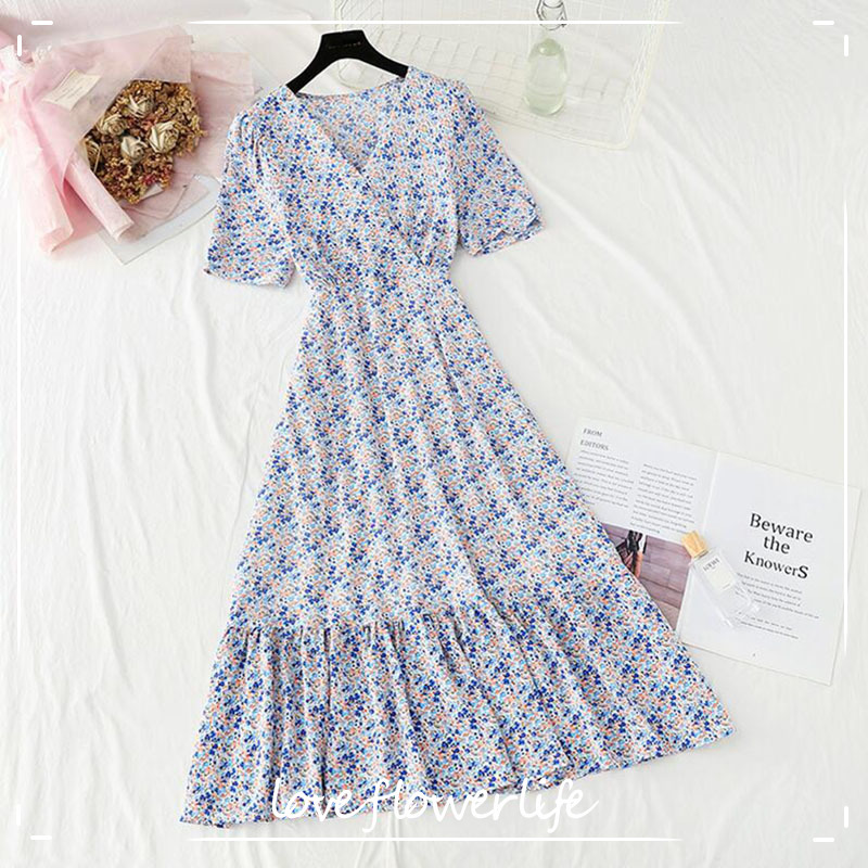 

Summer V Neck Floral Print Chiffon Dress Women Short Sleeve V-neck Elastic Waist Elegant Mid-calf Dress Ruffle Vestidos 210521, Floral 1