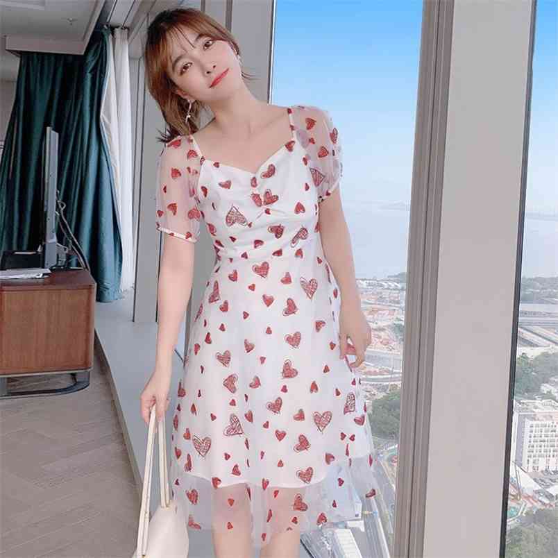 

Summer Floral Embroidery Tulle Female Dress Sweet Elegant High Waist Mesh Women A-Line Party Dresses 210519, Photo color