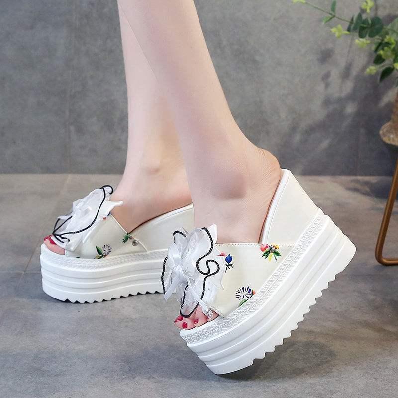 

Slippers Super High-Heeled Sexy Ladies Summer Fashion Bow-Knot Wedge Heel Inner Increase Non-Slip Casual Outer Wear., Black