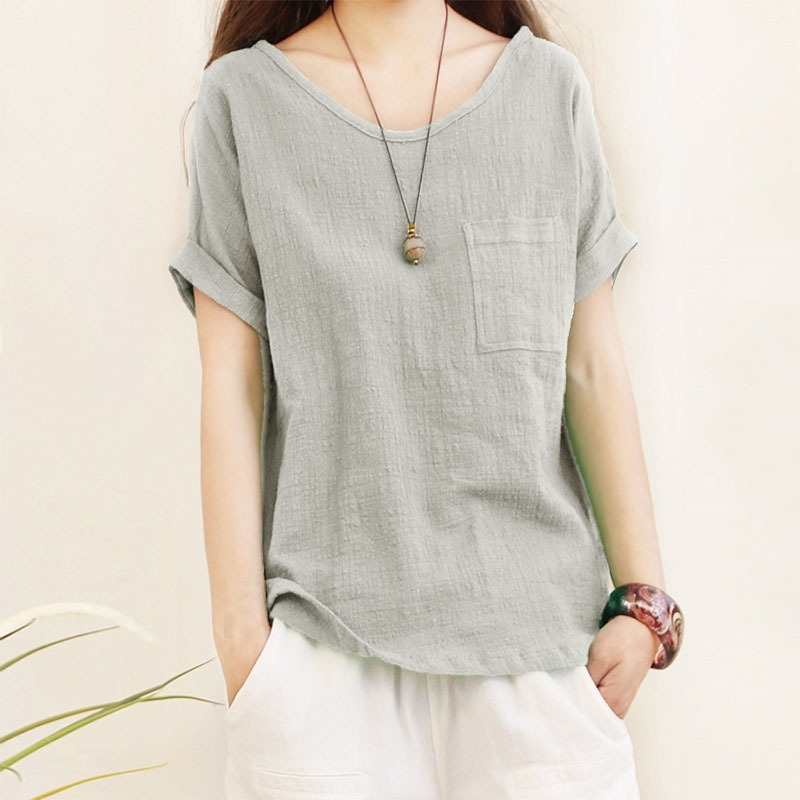

Loose Cotton Linen Blouse Plus Size 5XL Blouses Women Summer Shirts Casual Short Sleeve O Neck Solid Shirt Lady Tops 210603, Green
