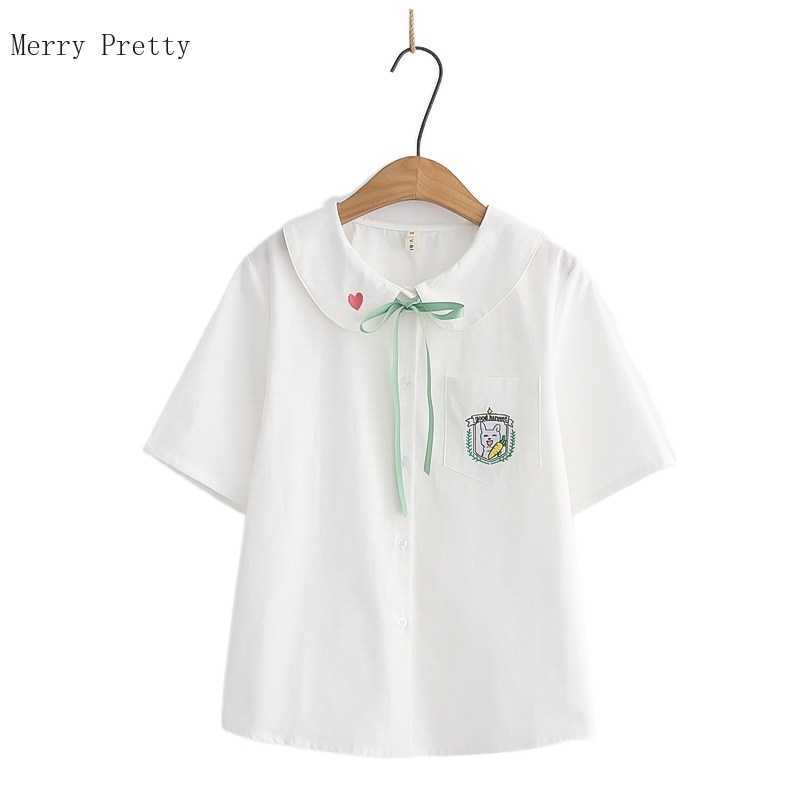 

White Cartoon Embroidery Sigle Breasted Casual Shirts Women Summer Short Sleeve Turndown Collar Korean Ladeis Blouse Tops 210526