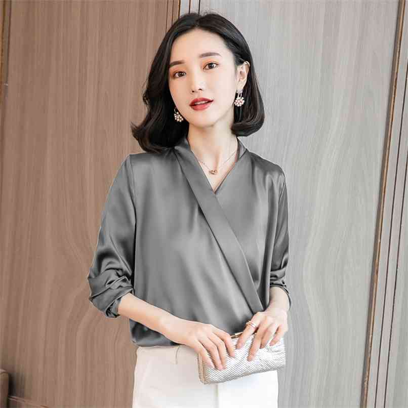 

Spring Fashion Female Casual Elegant Solid Chiffon Blouse Women Silk Satin Shirts Office Lady Career Blusa Pullover tops 210520, Red