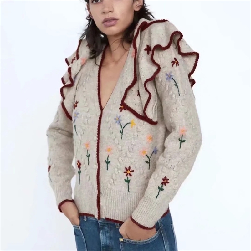 

spring sweater v-neck loose fungus lace printed short casual cardigan 210524, Gray