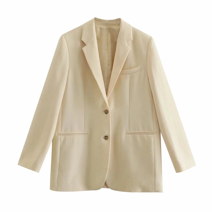 

Women Fashion Office straight Blazer with pockets Coat Retro Long Sleeve Female Outerwear Chic Tops Single-breasted 210520, Beige