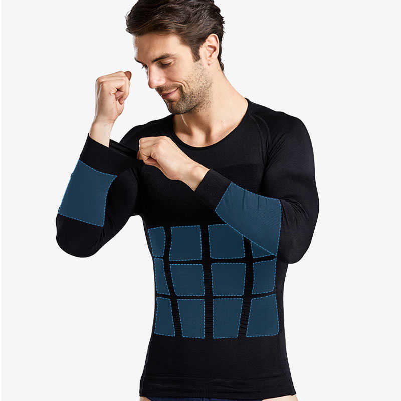 

Men's Fitness T-Shirt Slimming Body Shapers Long Sleeve Shirt Quick Dry Elastic Skinny Compression Tops Fat Burn Tummy Shapewear, Black