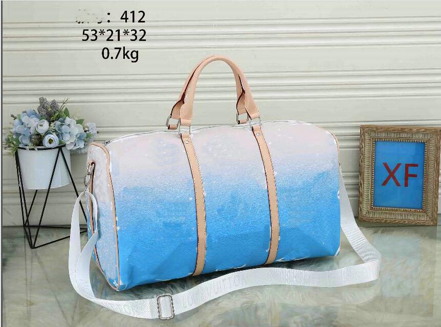 

High quality duffle bag women travel bags luggage men pu leather handbags large cross body totes 412# 53cm, Sky blue