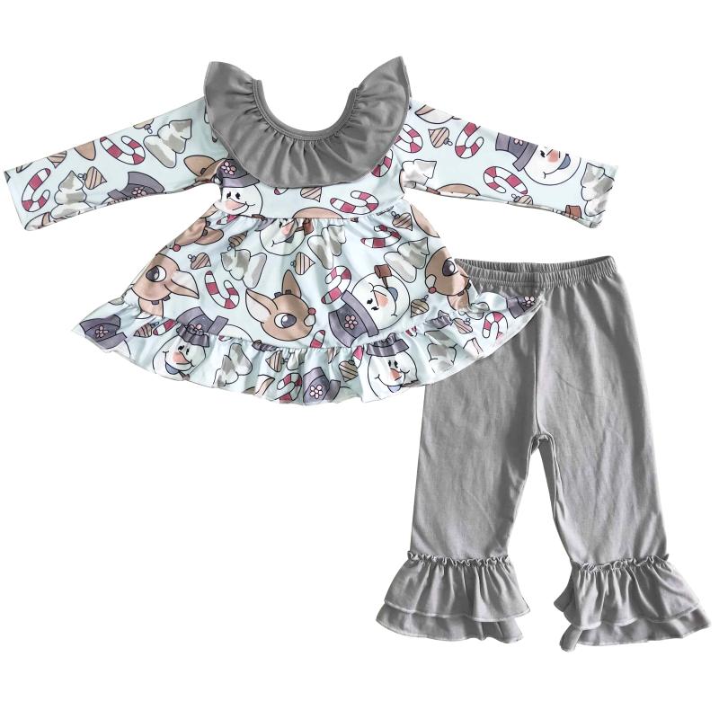 

Clothing Sets High Quality Girls Autumn And Winter Long-sleeved Big Bow Lace Blouse Christmas Print With Single Gray Trousers 2-piece Set, White