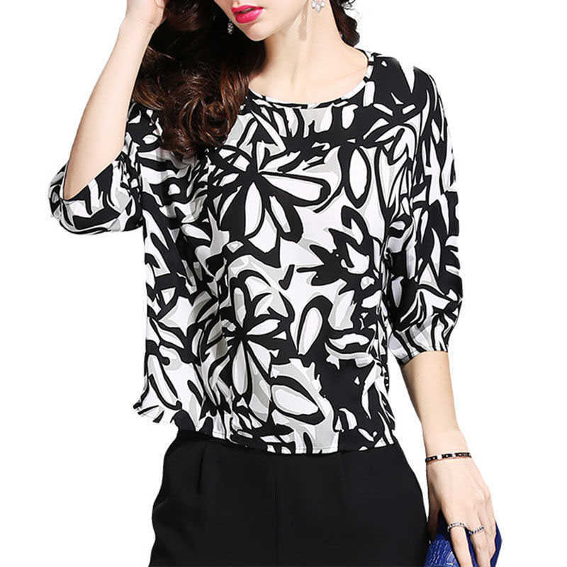 

Europea Style Women Chiffon Summer Blouses Shirts Lady Casual Short Sleeve o-neck Flower printed Blusas Tops DF2864 210609, Black