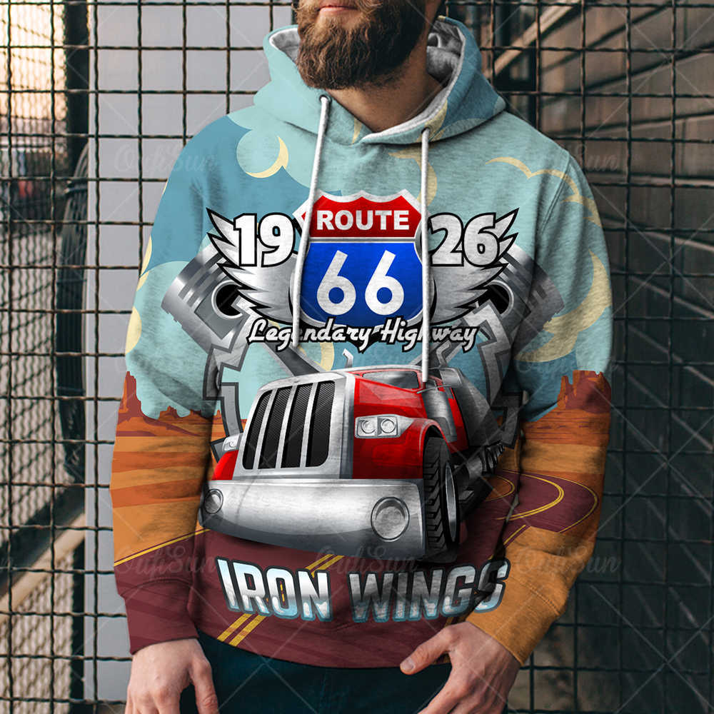 

summer new highway 66 printed sweater street hip hop slim fit pullover men's hoodie7qvd, Black