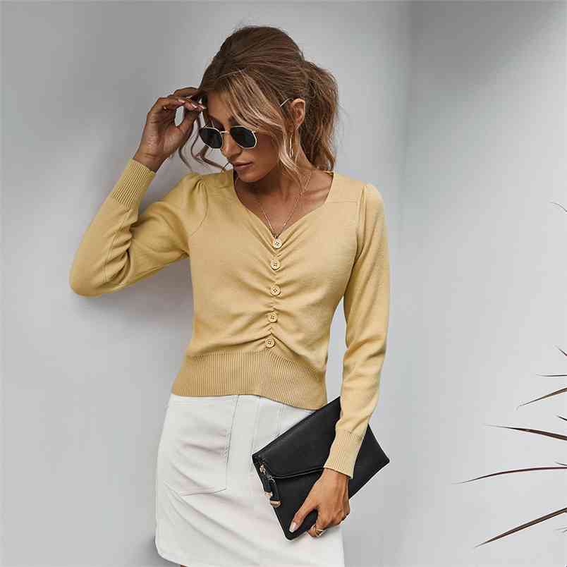 

Tops Autumn Winter Simple V-neck Fashion Pleated Sweater Women Knitted Solid Color Long Sleeve Pullovers 210517, Gray