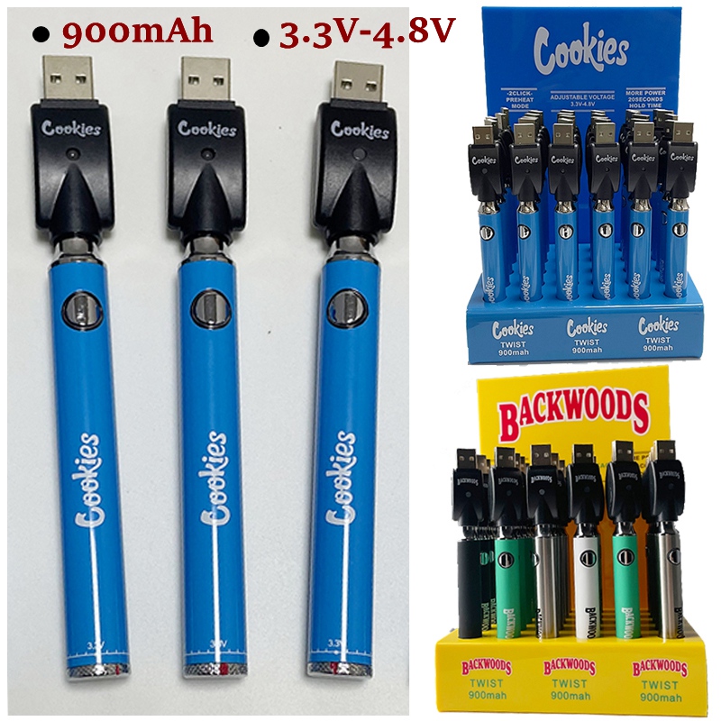 

Cookies Backwoods Twist Battery Preheat Vape Pen Batteries Varialble Voltage VV 510 Thread 900mAh With USB Charger Bottom Adjustable For Oil Cartridges 30pcs
