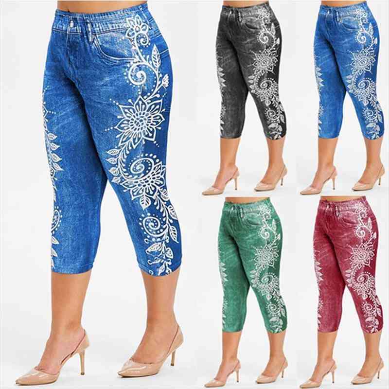 

women high waist leggings imitate jeans printed yo ga stretch sports pencil pants joggers leggings ladies sweatpants, Black