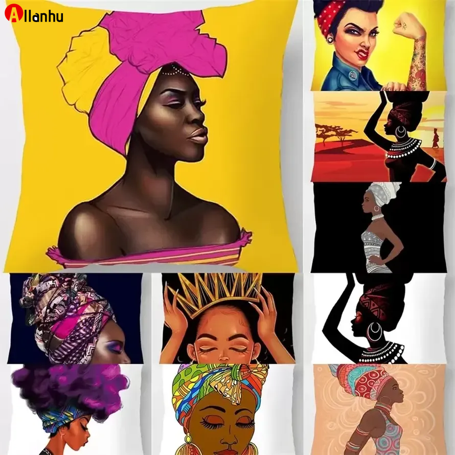 New Year Women's Girl Printed Pillow Cover 2022 Home Car hotel Restaurant Chair Cushion Cover Sofa Black Girls Pillowcase Fashion 45*45cm Sq-image-746126445
