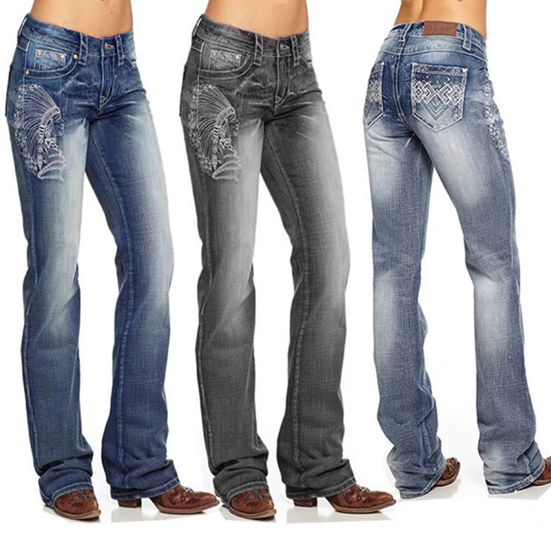 

jeans women's 2021 wear sale slim embroidery straight pants, Blue