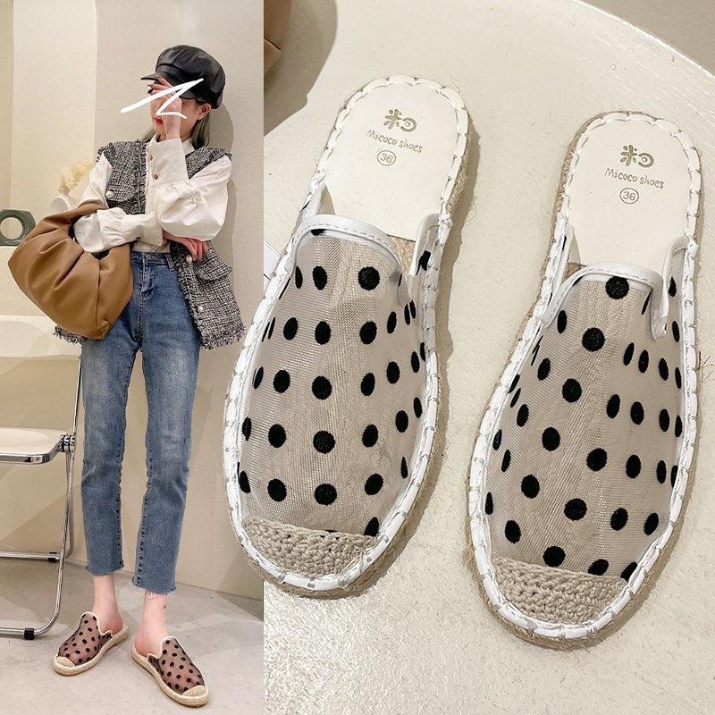 

Slippers 2021 Fashion Summer Women's Shoes Flat Rope Woven Net Yarn Polka Dot Baotou Half, Beige