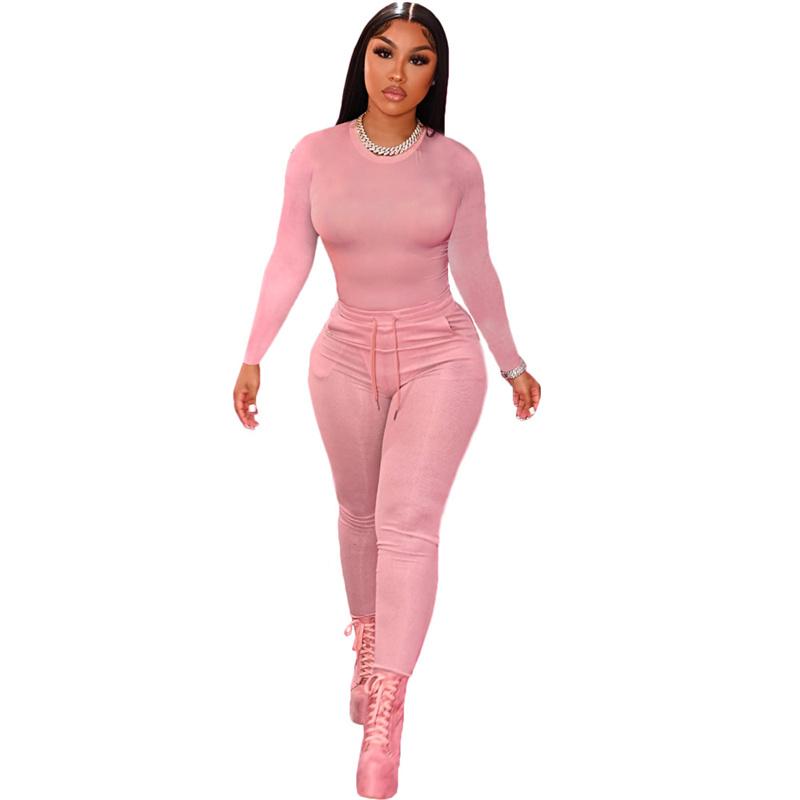 

Women's Two Piece Pants Fall Spring 2021 Women Clothes Long Sleeve Top & Drawstring Sets Sporty Casual Solid Skinny 2-Piece Jogging Suit, White