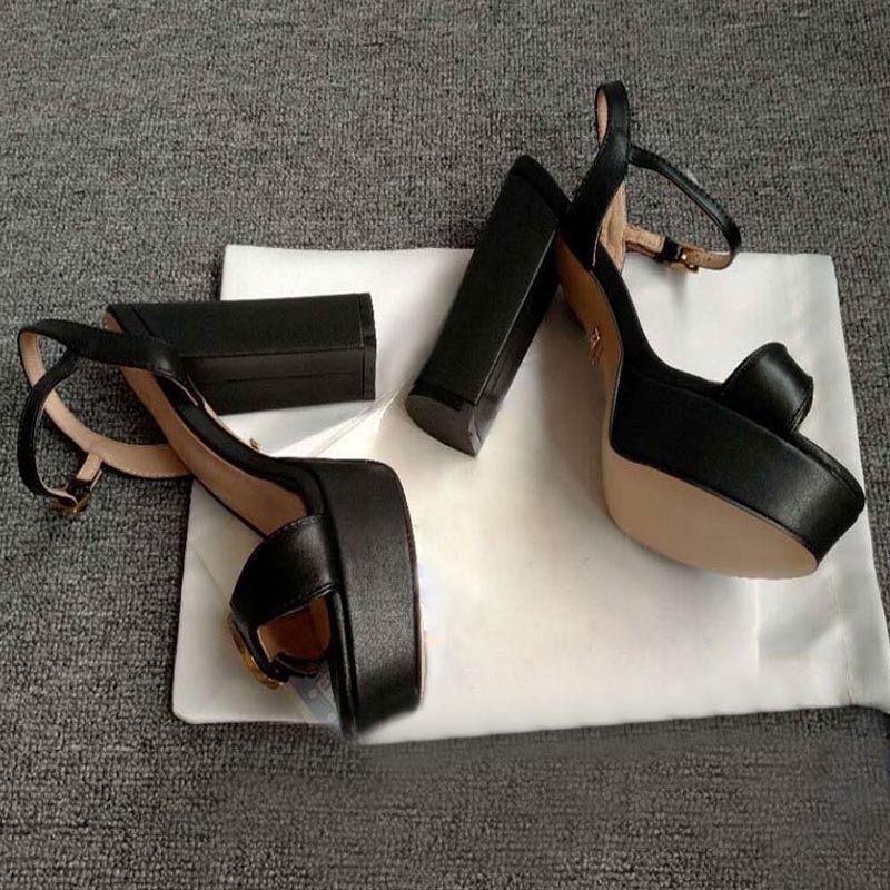 

Designer sandals tide brand summer waterproof platform women's high heels leather fashion metal buckle ladies red bottom dress office shoes, Extra shoebox