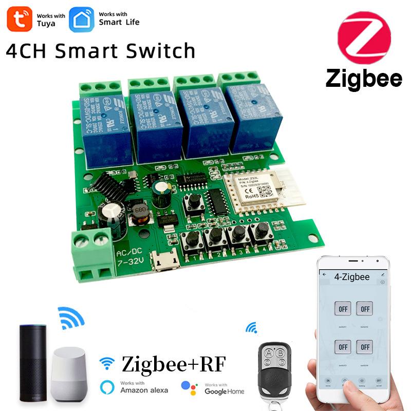 

Smart Home Control 4CH Zigbee Light Switch Module DC 5/12/32V RF433 Receive 10A Relays Work With Alexa Google Assistant,Tuya Life