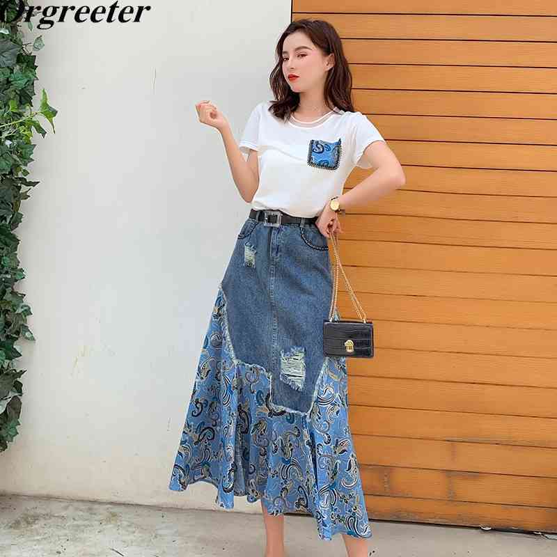

Jeans Skirt Suits Women Summer Tshirt With Hole Tassel Retro Printting Mid-calf Denim 2 piece Set -XXL 210525, Pink set