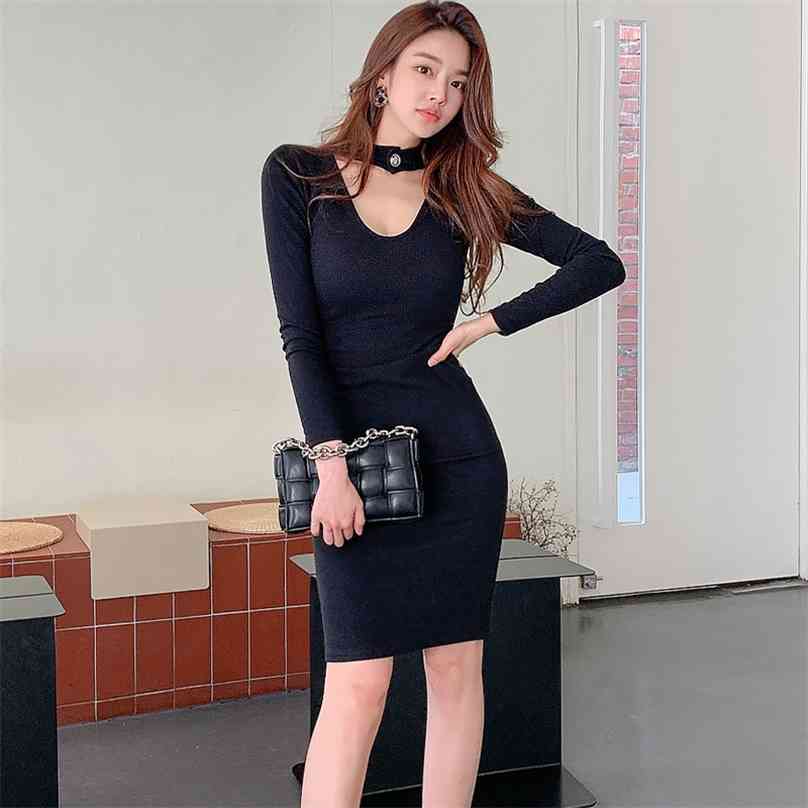 

winter knitting Mini Dresses ladies Korea long Sleeve Long hang neck Black Sexy party Sweater for women 210602