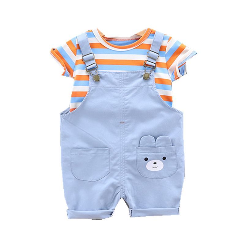 

Summer Children Cotton Baby Boy Girl Clothes Cartoon Stripe T Shirts Bib Shorts 2Pcs/sets Infant Kids Fashion Toddler Tracksuits K711, White