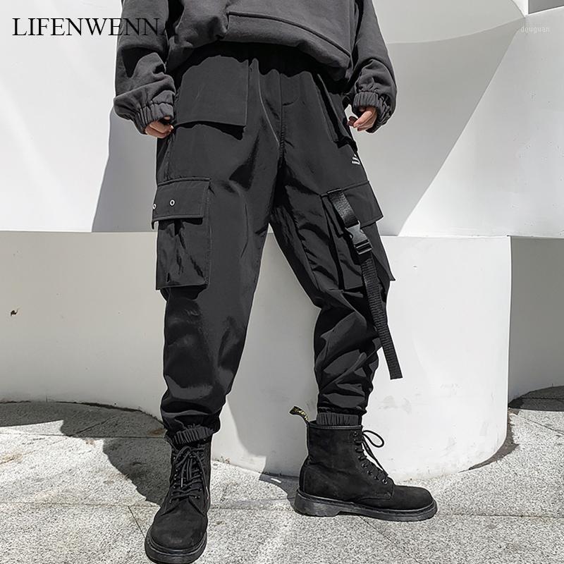 

Men's Pants LIFENWENNA Streetwear Ribbons Casual Men Black Loose Mens Joggers Side-pockets Man Harem Harajuku Hip Hop Trousers, Hz7015 gray
