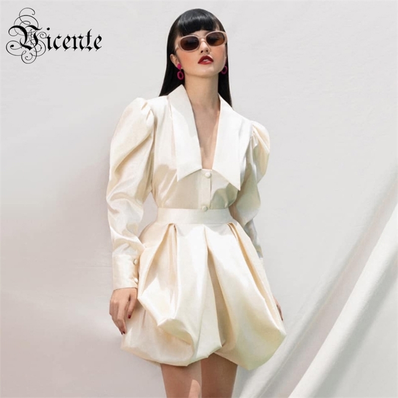 

Chic Ruched Design Two Pieces Turn-down Collar Puff Sleeves Party Satin Tops Skirt Suit 210520, Beige