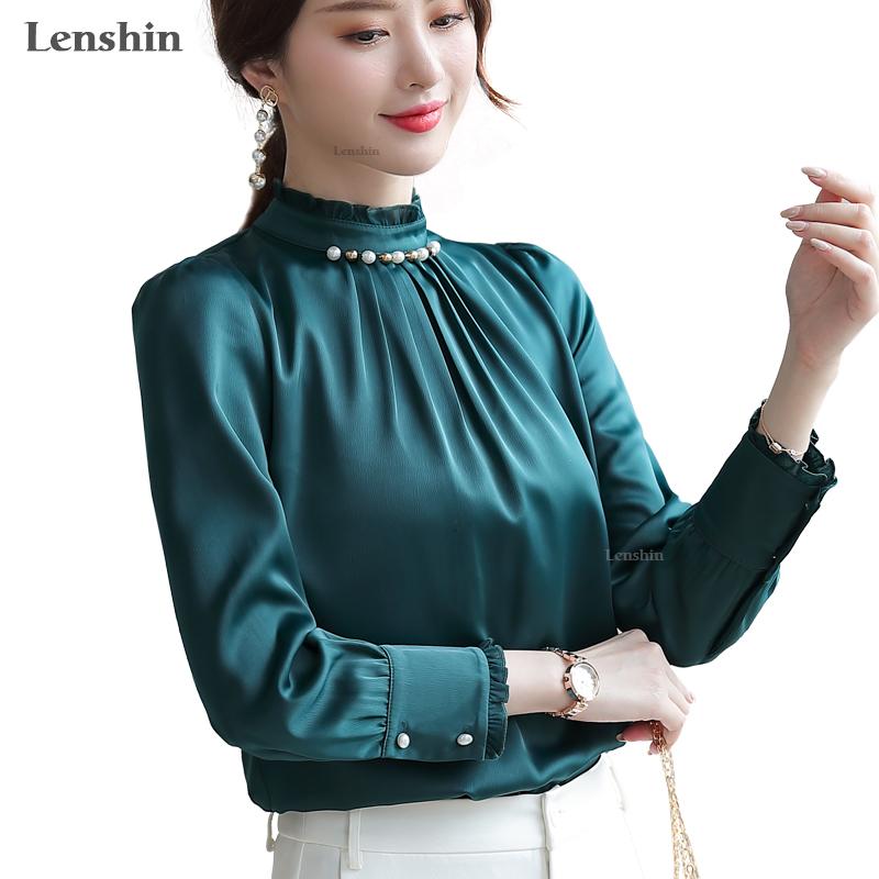 

Women' Blouses & Shirts Lenshin Satin O-Neck Shirt Long Sleeve High-quality Blouse Beading Collar Office Lady Loose Style Tops For Women, Green