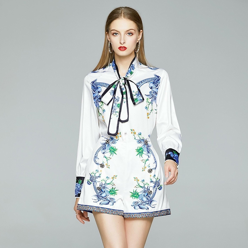 

Banulin Summer Fashion Designer Short Suits Women's Long Puff Sleeve Bow Tie Blouses Top And Floral Print Shorts 2 Pieces Sets 210603, Design and color