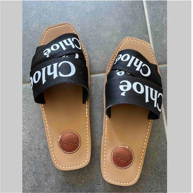 

06 EW Women Woody Mules Fflat Slipper Deis Lady Lettering Fabric Outdoor Leather Sole Slide Sandal size 35-42