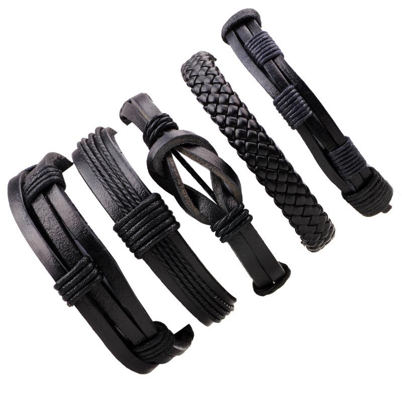 

Link, Chain Personality Men's Handwear Five-piece Bracelet With Black Real Cattle Leather